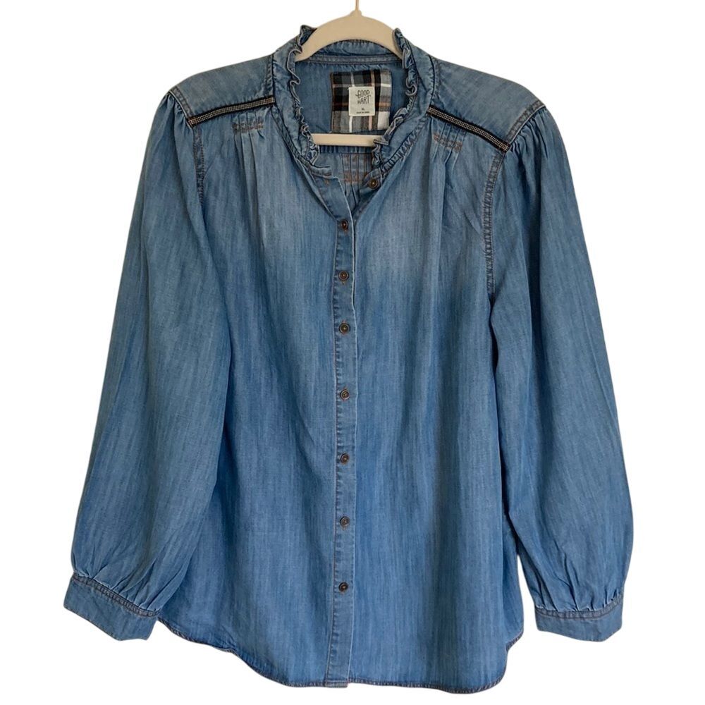 Matilda Jane Good Hart Lyles Shirt‎ Size XL Blue Chambray Prairie Embroidery